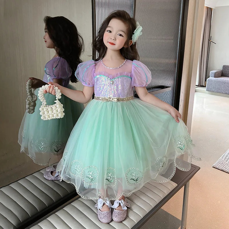 Puffy Dresses for Girls Summer 2023 Queen Rapunzel Green Princess Beautiful Girl Costume Sequin Dress Clothes 2 to 8 Years Old