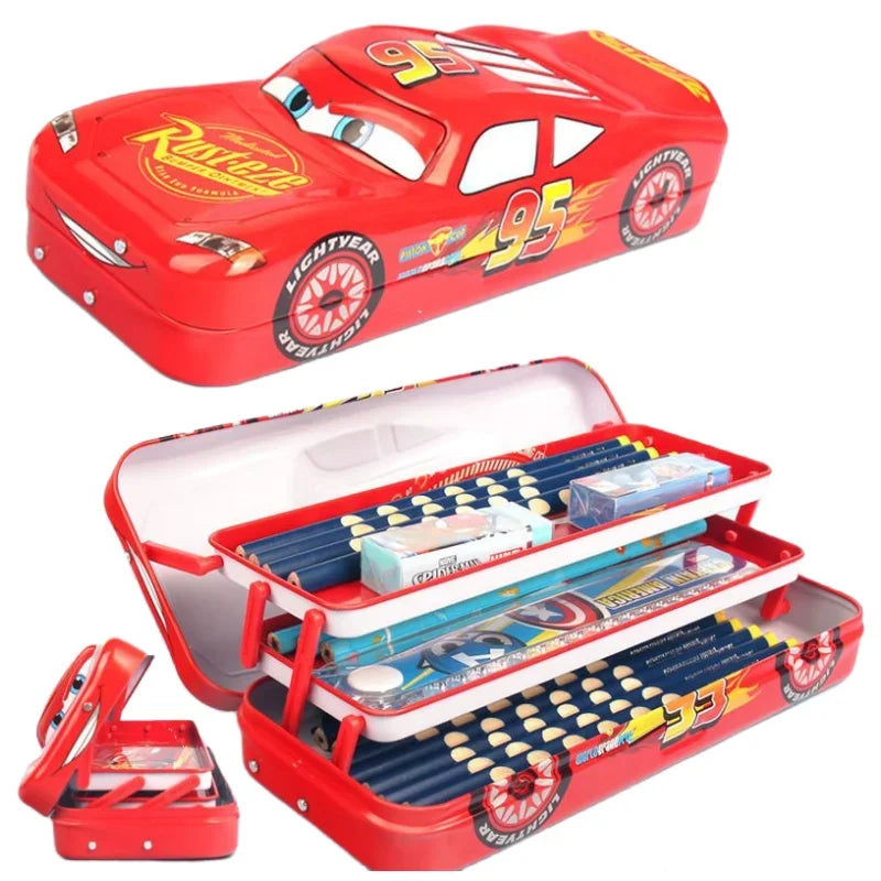 Disney Lightning McQueen Stitch Mickey creative three-dimensional cartoon pencil case three-layer folding car shape can be slid