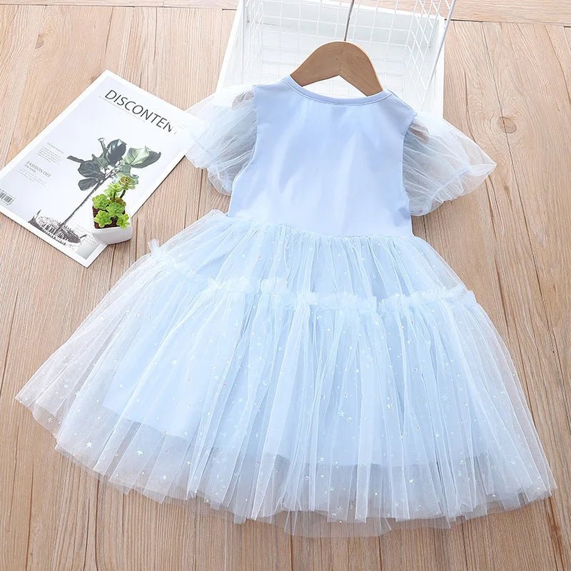 Girls Puff Sleeve Mesh Dress Summer New Cute Cartoon Frozen Elsa Printed Princess Dress Toddler Kid Clothes Birthday Party Dress