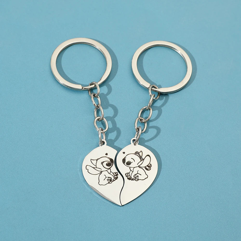 Disney Cartoon Lilo & Stitch Stainless Steel Keychain Anime Figures Stitch Printed Love Keyring Pendant Jewelry Birthday Gifts