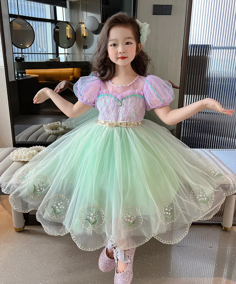 Puffy Dresses for Girls Summer 2023 Queen Rapunzel Green Princess Beautiful Girl Costume Sequin Dress Clothes 2 to 8 Years Old